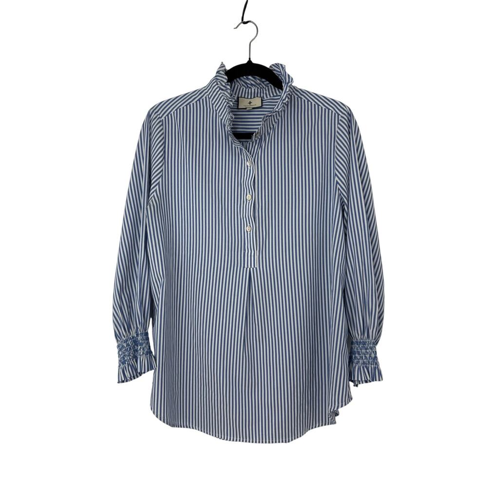 Tuckernuck Blue and White Pinstripe Ruffled Collar Button-Down Blouse - Picture 4 of 12